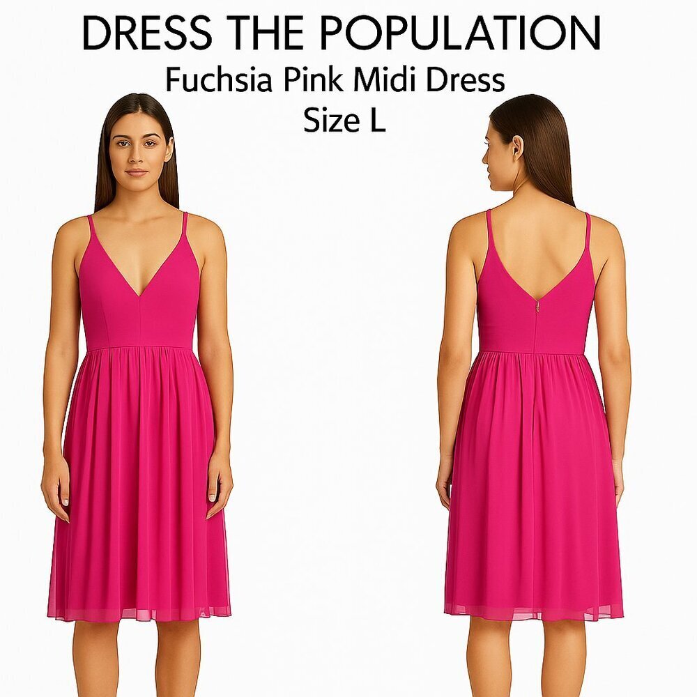 Dress the Population Fuchsia Pink Deep V-Neck Midi Dress – Size L NWT